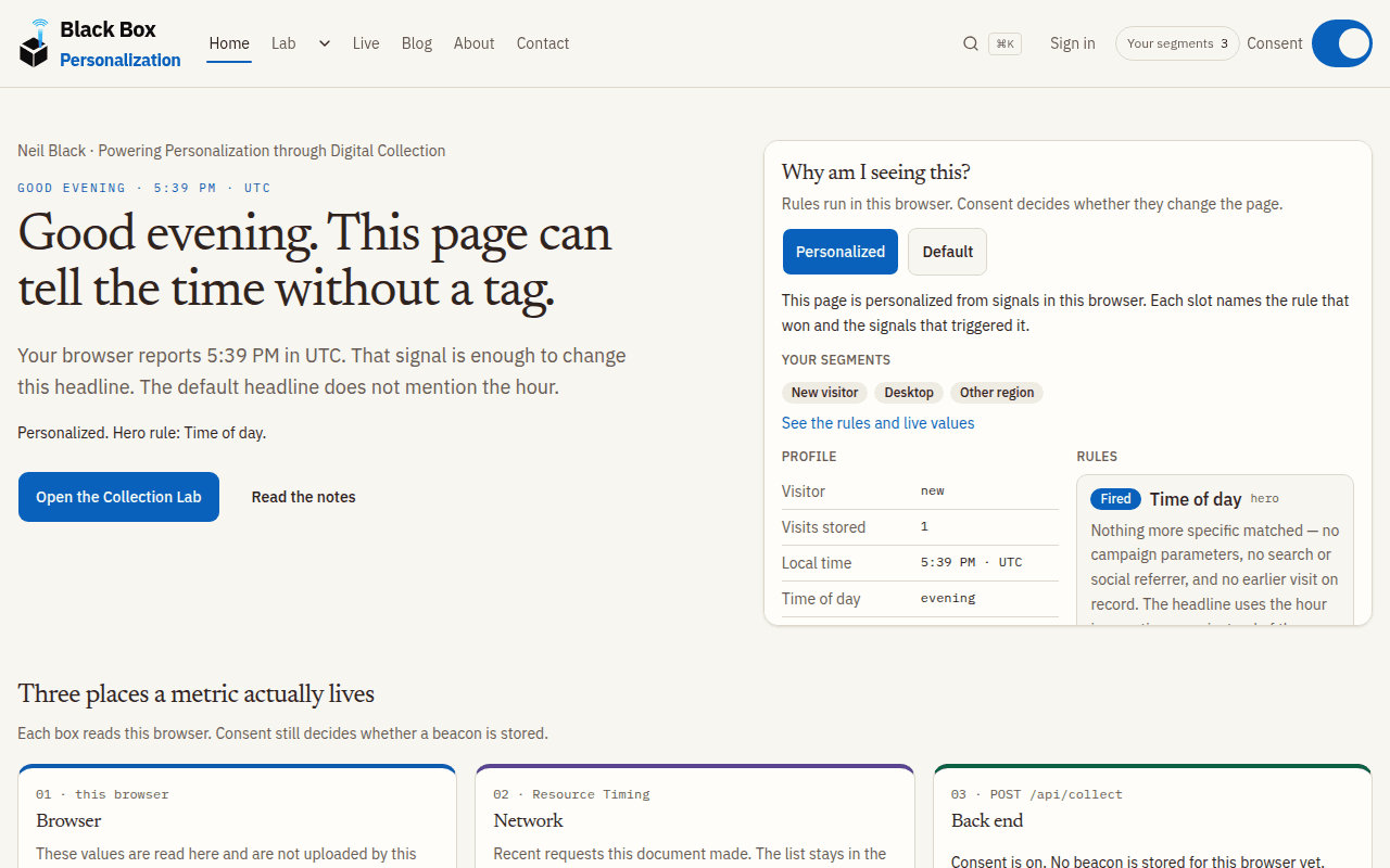 The home page as headless Chrome painted it after Accept, including the evening hero.